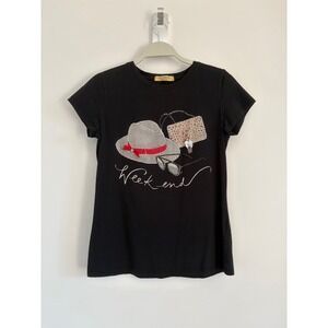Vinizbena Womens Black Weekend Rhinestone Sequin Graphic T-Shirt Medium Italy